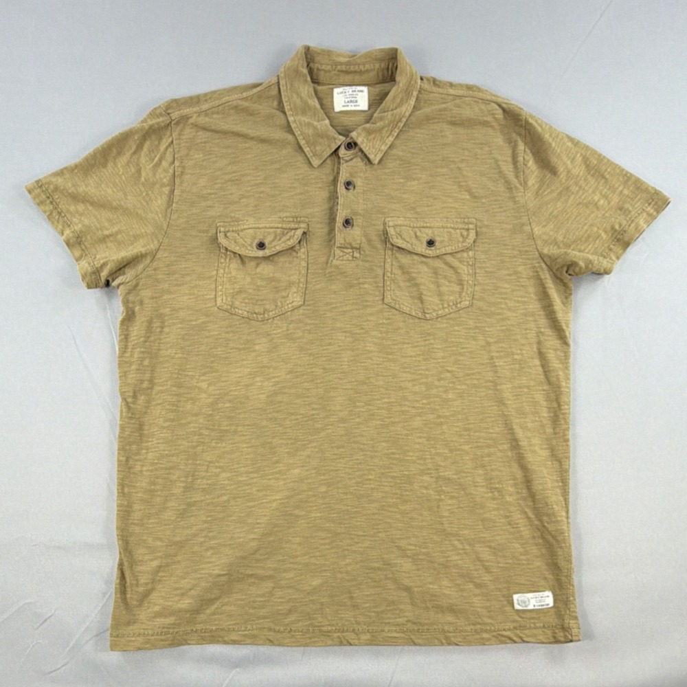 Lucky Brand Shirt Mens Large Tan Slub Pocket Polo Button Up Casual Short Sleeve